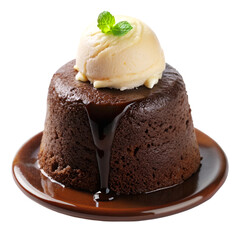 Chocolate lava cake with a scoop of vanilla ice cream isolated on transparent background