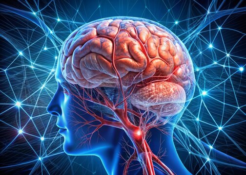 Detailed illustration of a human brain with a hybrid  scan overlay, showcasing intricate neural networks and blood vessels on a dark blue gradient background