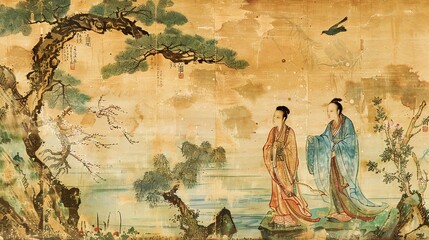 Fototapeta premium Asian scroll painting wallpaper