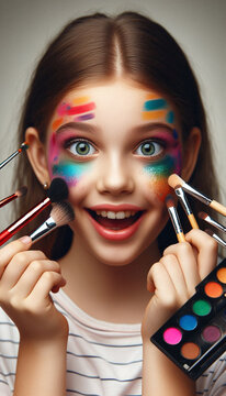 A smiling green eyed girl applying sparkling vibrant makeup on her cute face