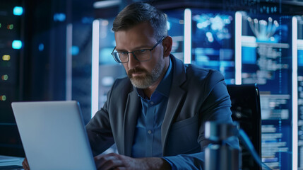 portrait of a middle age male cyber security expert working on laptop in modern office, experienced tech worker professional IT expert 