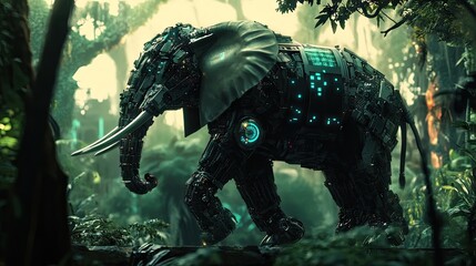Fototapeta premium A cybernetic elephant walking through a futuristic jungle, its metallic trunk swinging with precision and glowing sensors. -
