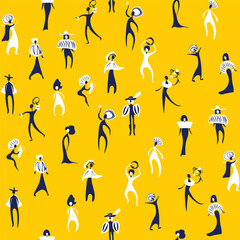 Pattern with primitive figures of people from different historical eras on a yellow background