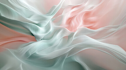 Obraz premium Soft pastel waves of light mint, pale pink, and soft gray, with dynamic, flowing shapes creating a gentle, abstract composition.