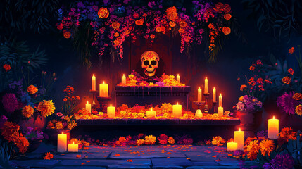 Candlelit Altar, a detailed vector illustration of a traditional altar with candles, flowers, and offerings, with copy space, Day of the Dead