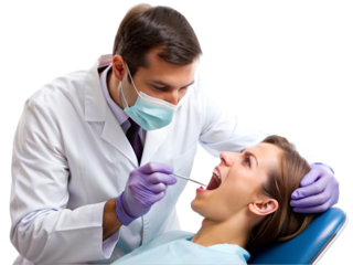 Dentist performing a dental procedure isolated on transparent background