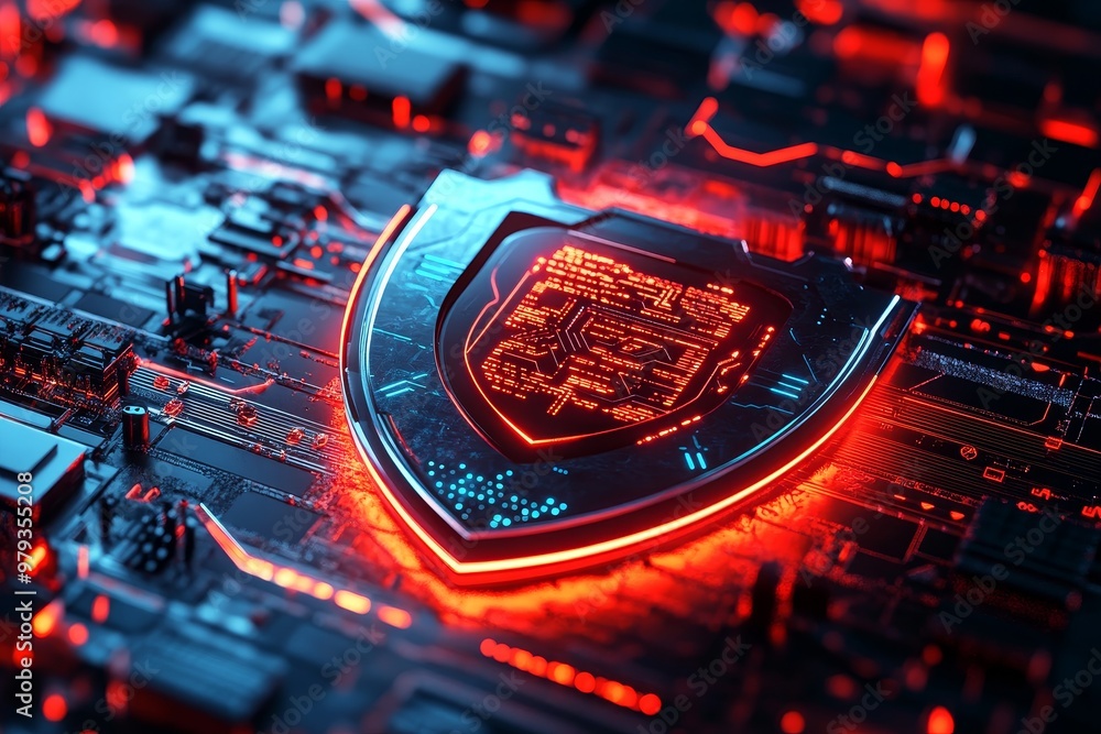 Aufkleber digital security shield illuminated on a high-tech circuit board with glowing red and blue lights at