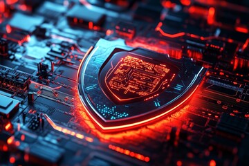 Digital security shield illuminated on a high-tech circuit board with glowing red and blue lights at close range