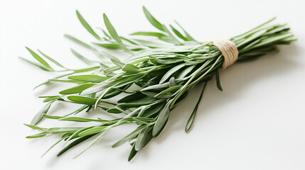 Fototapeta premium tarragon bundled with organic flax string its long, thin leaves gently curving against an isolated white background