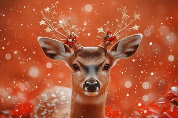 cute deer with poinsettia floral crown, golden flying confetti 