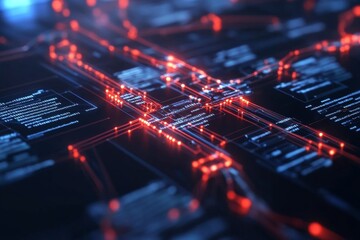 Obraz premium High-tech circuit board illuminated with vibrant red and blue lights showcases intricate electronic pathways at night