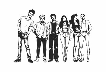 friendship day illustration | Friends artwork. Watercolor digital art. black and white line art silhouette