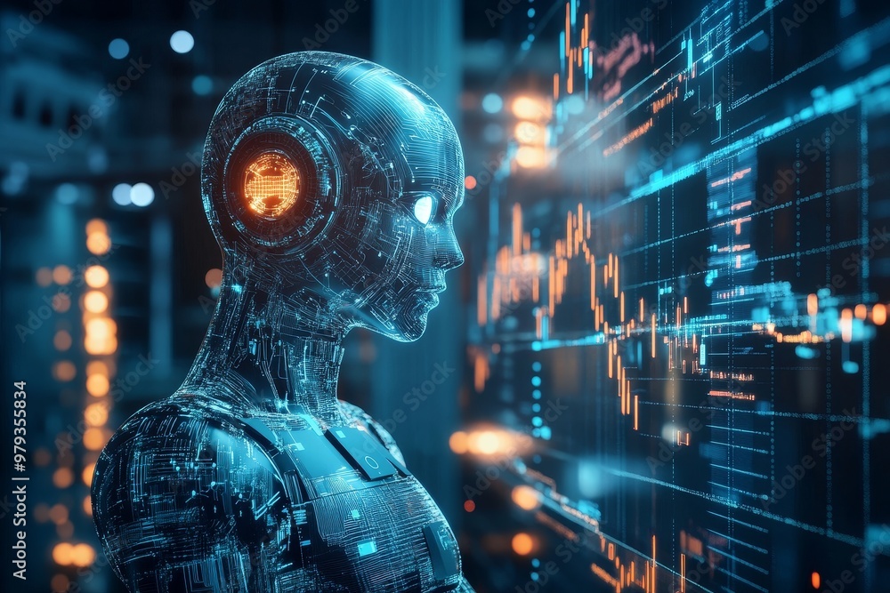 Poster futuristic robot analyzes digital data in a modern tech environment during nighttime