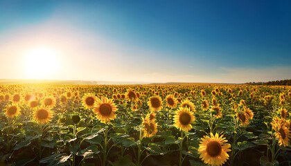 Fototapeta premium sunflower field clear sky flowers facing sun