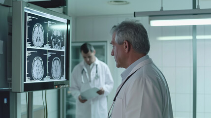 Obraz premium a doctor looking at computer screen showing MRI scan with brain images in a medical clinic