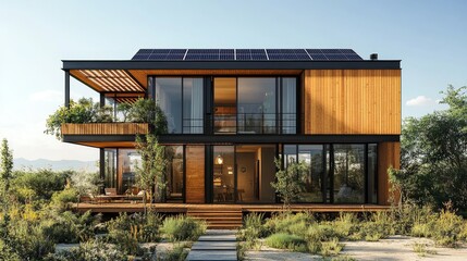 Two-story cube house with modular sections, natural wood exterior, rooftop covered in solar panels, surrounded by green landscape, eco-friendly lifestyle