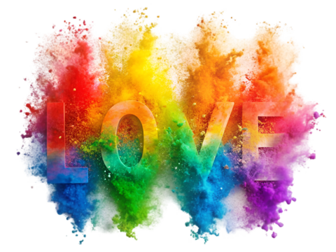 Explosion splash of colorful powder isolated on transparent background, with LOVE text, pride, lgbt