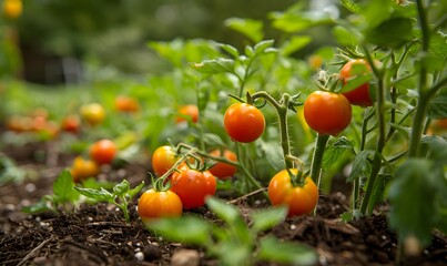 Tomatoes in the Garden, Cherry tomatoes on the vine in their natural garden setting, with soil and other plants visible in the blurred background