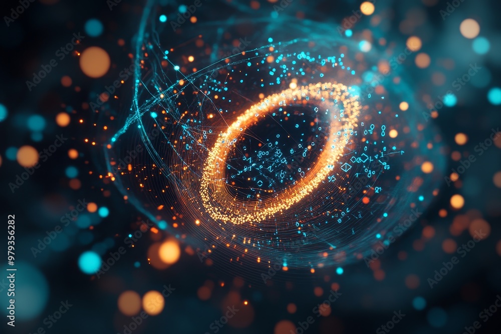 Aufkleber colorful abstract digital artwork depicting a glowing sphere surrounded by data points and swirling 