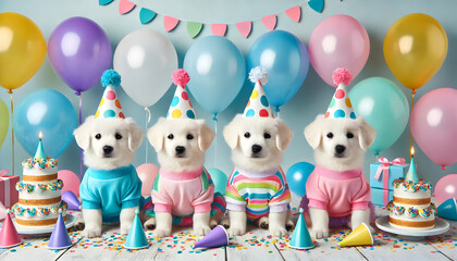 Obraz premium Four Adorable Puppies Wearing Colorful Party Outfits and Hats, Surrounded by Balloons and Cakes