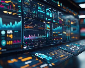 Data analytics with graphs and charts on multiple screens, analytical style, sharp focus, high detail, bright lighting