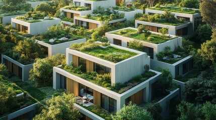 Ultra-modern cube homes, arranged in a staggered stack, each with unique rooftop terraces offering a mix of greenery and seating areas, minimalist style