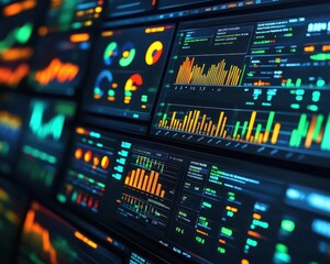 Data analytics with graphs and charts on multiple screens, analytical style, sharp focus, high detail, bright lighting