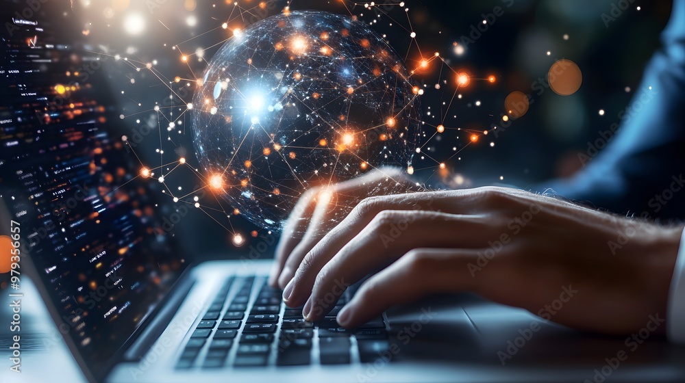 Poster hands typing on a laptop with a network globe hologram