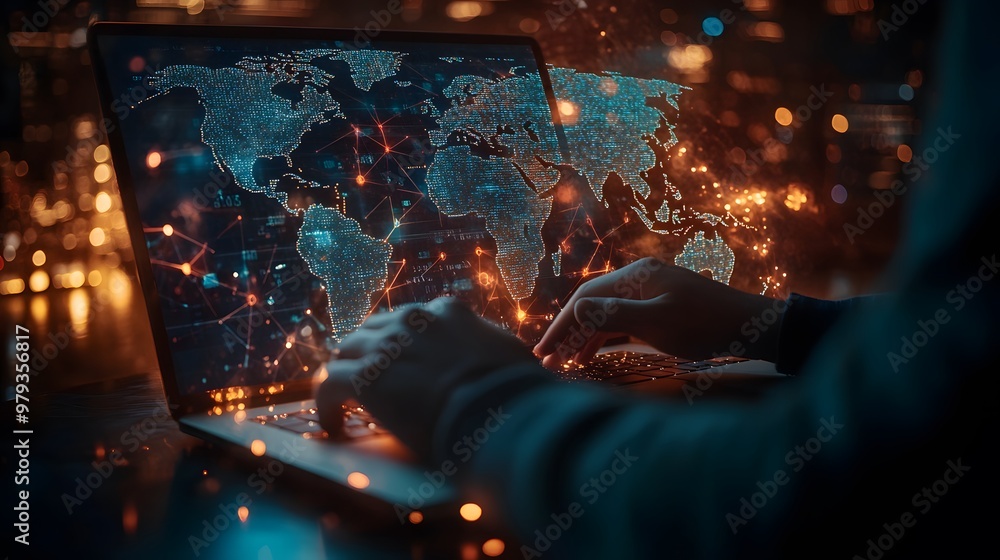 Poster hands typing on laptop with world map and network connections displayed