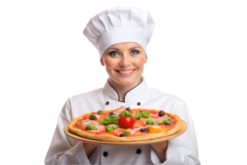 Female chef holding a pizza isolated on transparent background