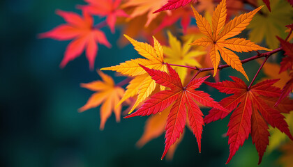 a bunch of colorful leaves on a tree branch in autumn