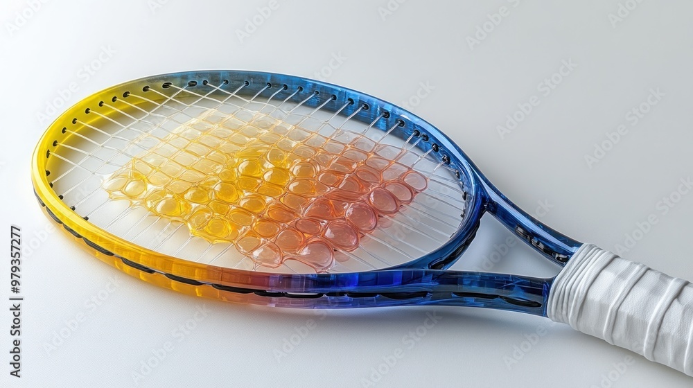 Poster a colorful tennis racket with a unique design and mesh strings.