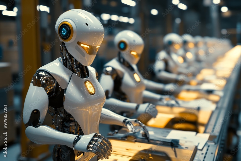 Poster robots assembling products in a high-tech factory during daylight hours, showcasing modern manufactu