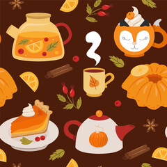 Autumn fruit tea and pumpkin pie background. Set of cozy autumn drinks, pies and spices. 