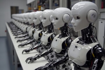 Fototapeta premium Robots lined up in a futuristic laboratory showcasing advanced humanoid technology and robotic design in progress during daytime