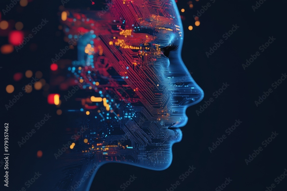 Aufkleber a digital representation of a female profile surrounded by colorful circuitry patterns suggesting ad