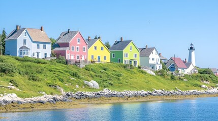 Charming coastal townscape, rainbow-colored homes cascading down a hill towards the sea, a beacon lighthouse casting soft light across the water