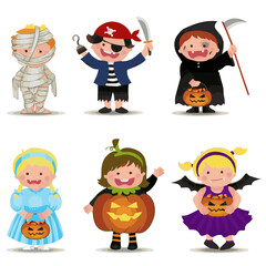Cartoon cute halloween kids in trick or treat