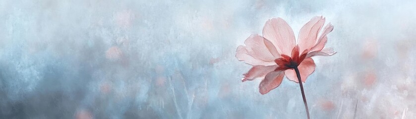 A delicate pink flower blooms softly against a dreamy blue background, embodying beauty and tranquility in nature's embrace.
