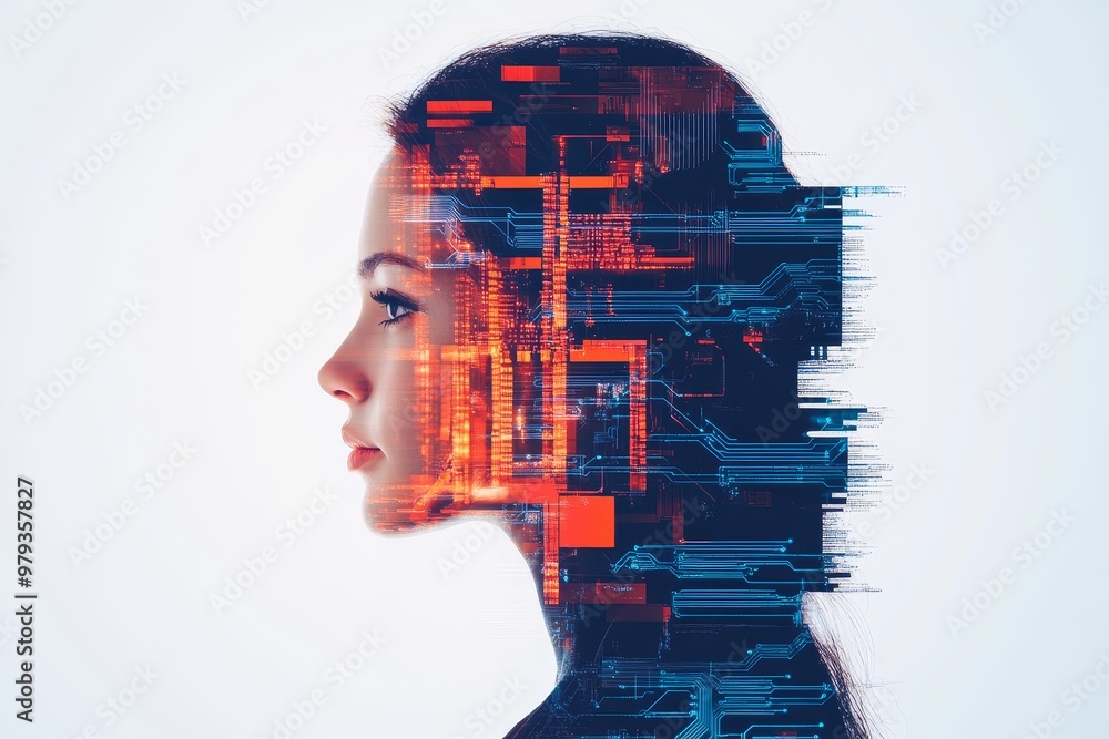 Aufkleber modern digital artwork depicting a female profile intertwined with abstract technology and circuitry