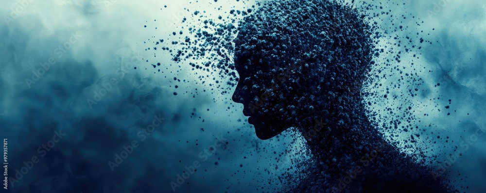 Poster an abstract representation of a human silhouette dissolving into particles, evoking feelings of tran