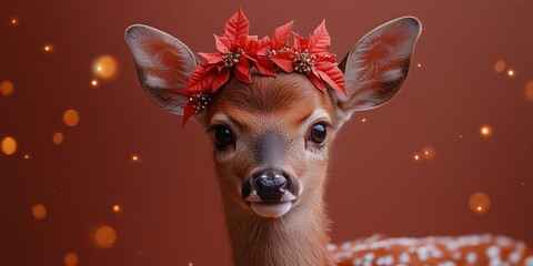 cute deer with poinsettia floral crown, golden flying confetti 