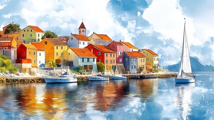Fototapeta premium Coastal village with colorful houses, lively fish market by the docks, fishermen unloading their catch, ocean waves crashing, watercolor and oil painting blend