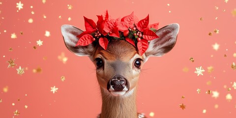cute deer with poinsettia floral crown, golden flying confetti 