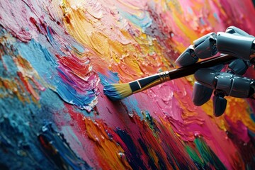 Fototapeta premium A robotic hand painting vibrant colors on a textured canvas in a creative studio during the afternoon