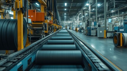 The rubber compounding area shows large rolls of rubber being processed and cut into precise sizes