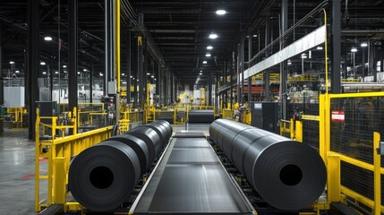 The rubber compounding area shows large rolls of rubber being processed and cut into precise sizes