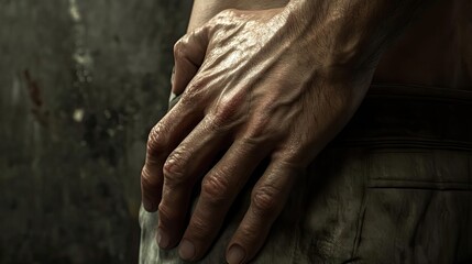 A close-up of a rugged hand resting on a leg, showcasing texture and intensity against a muted background.