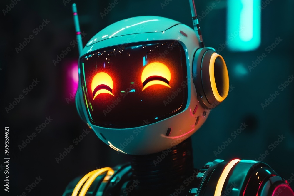Poster a friendly robot with glowing features smiles in a futuristic environment illuminated by neon lights