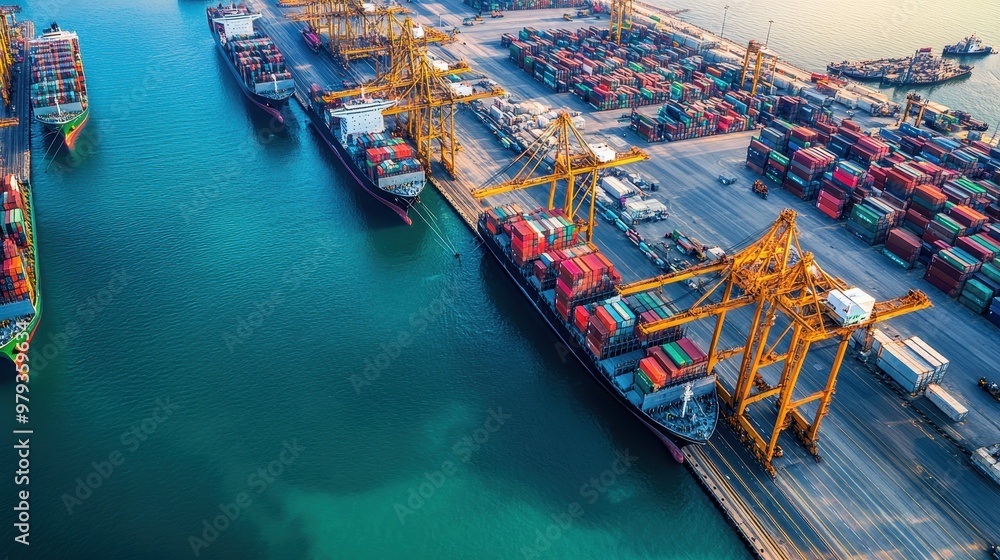 Poster aerial view of a busy shipping port with container ships and cranes.